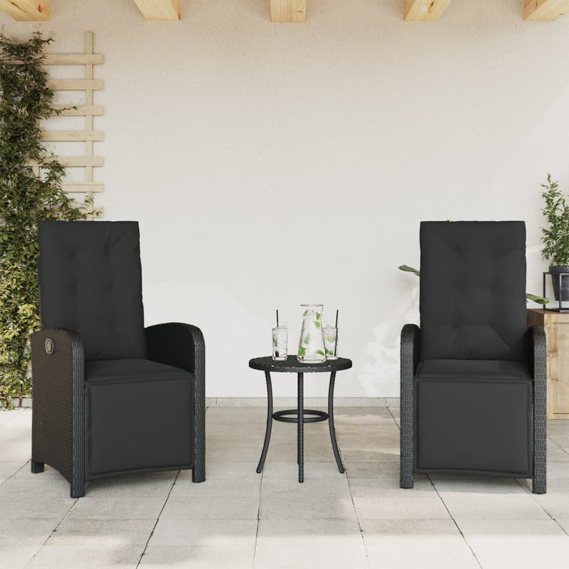 Set bistro cu perne, 3 piese, negru, poliratan