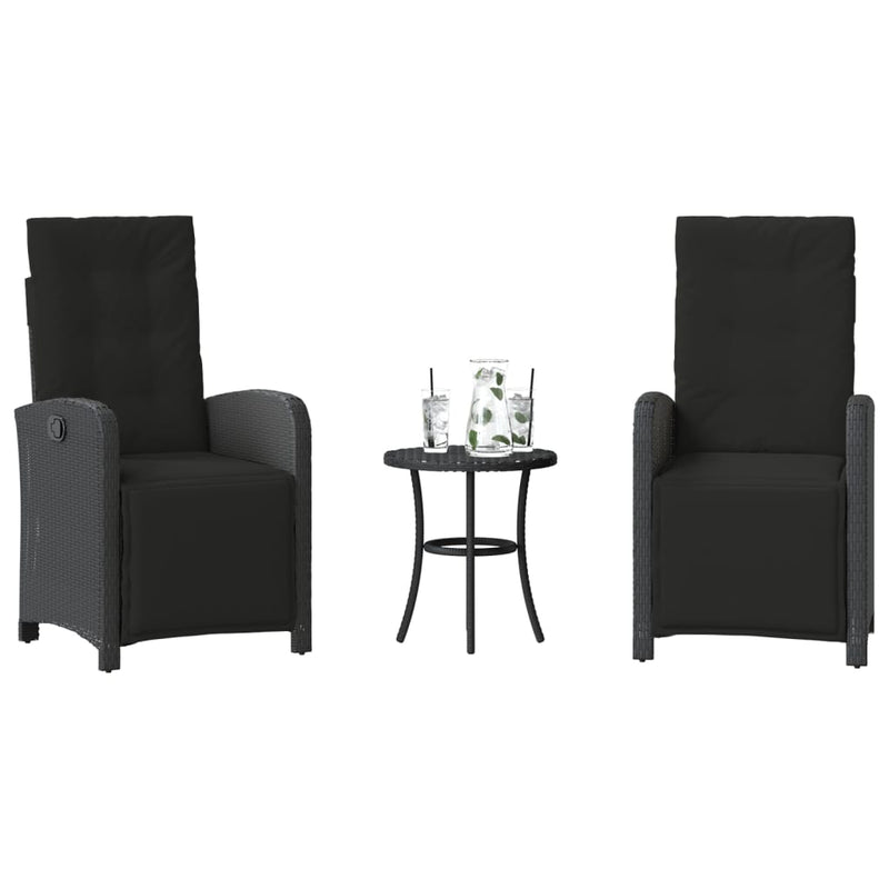 Set bistro cu perne, 3 piese, negru, poliratan