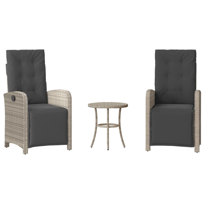 Set bistro cu perne, 3 piese, gri deschis, poliratan