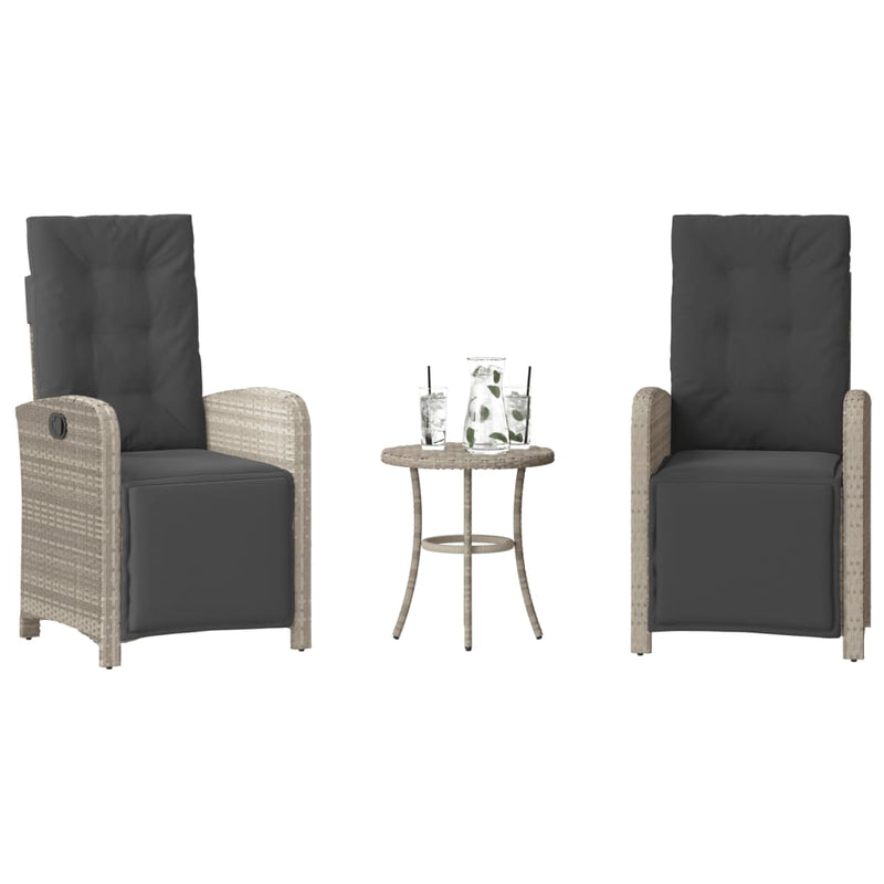Set bistro cu perne, 3 piese, gri deschis, poliratan