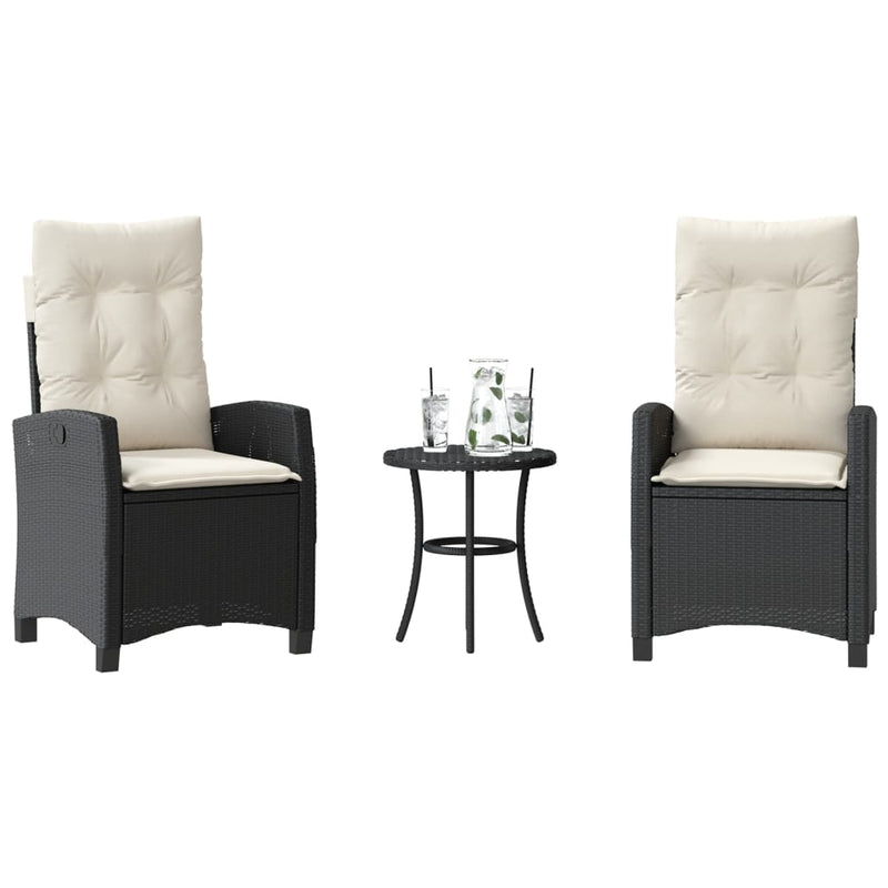 Set bistro cu perne, 3 piese, negru, poliratan