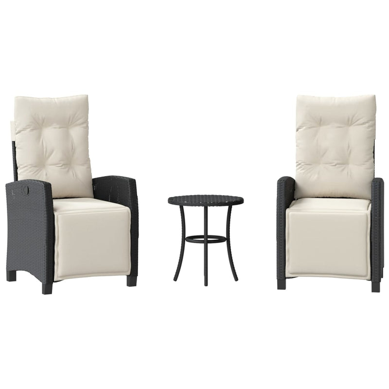 Set bistro cu perne, 3 piese, negru, poliratan