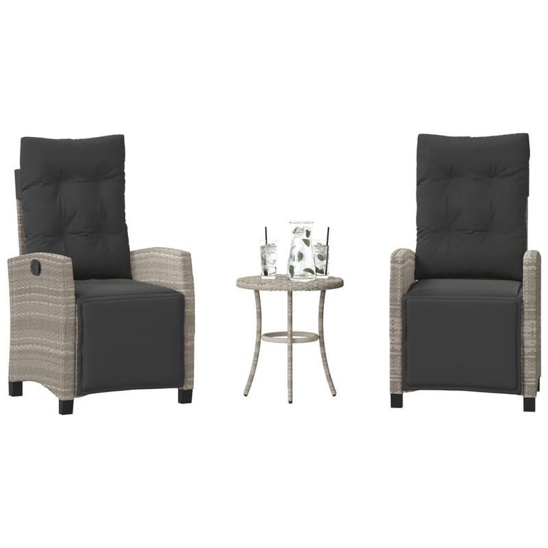 Set bistro cu perne, 3 piese, gri deschis, poliratan