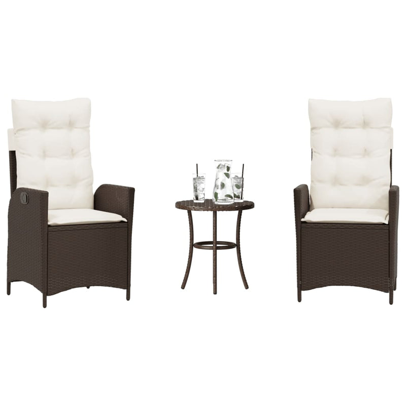 Set bistro cu perne, 3 piese, maro, poliratan