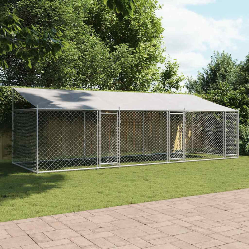 Cușcă câini cu acoperiș și uși, gri, 6x2x2 m, oțel galvanizat