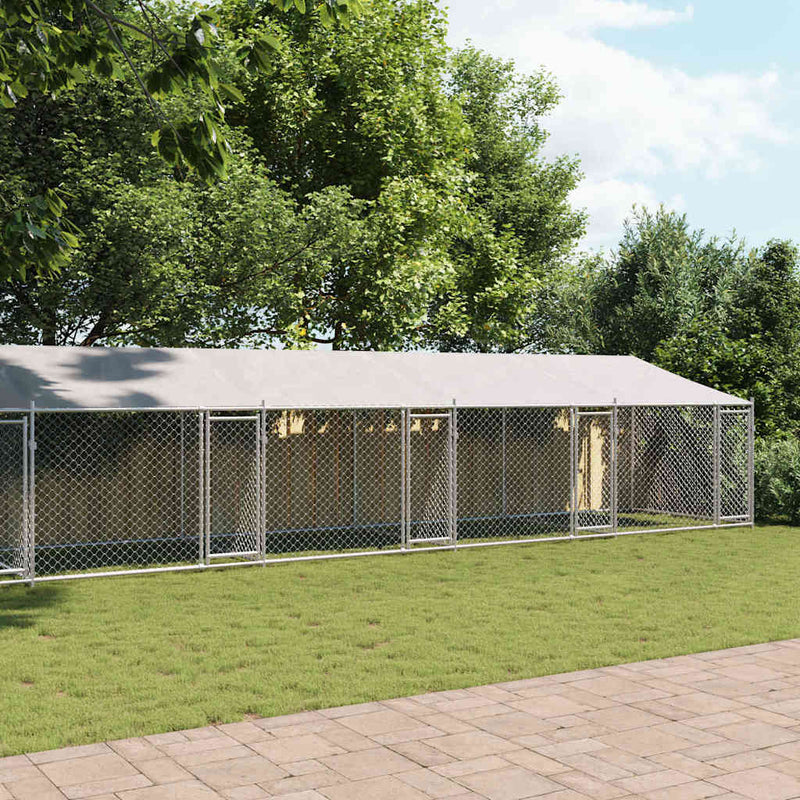 Cușcă câini cu acoperiș și uși, gri, 12x2x2 m, oțel galvanizat