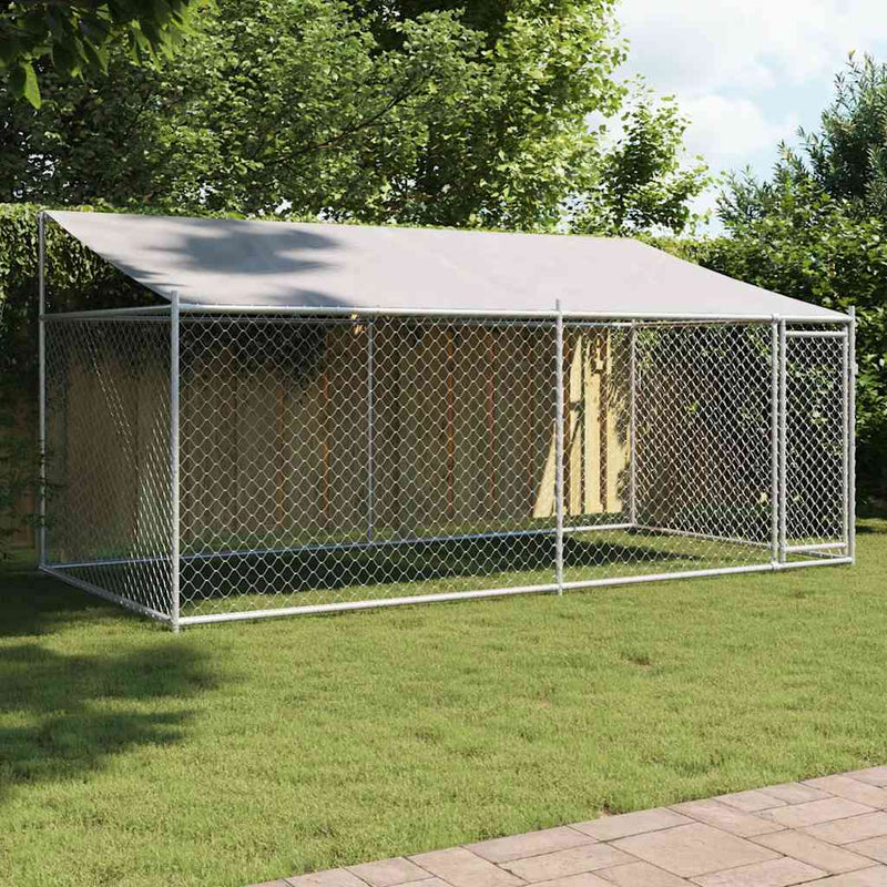 Cușcă câini cu acoperiș și uși, gri, 4x2x2 m, oțel galvanizat