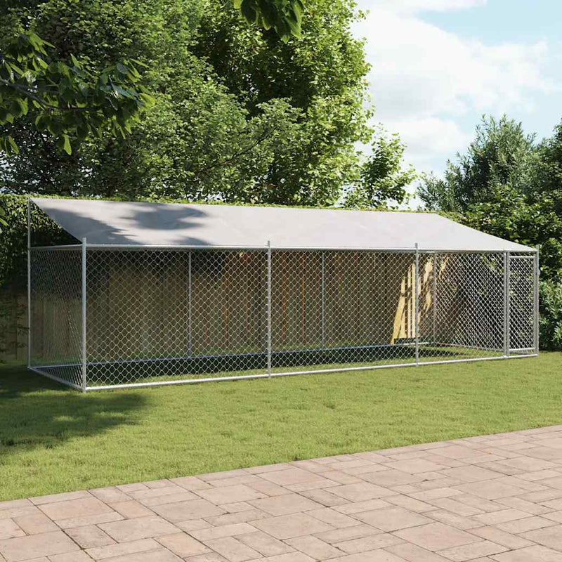 Cușcă câini cu acoperiș și uși, gri, 6x2x2 m, oțel galvanizat