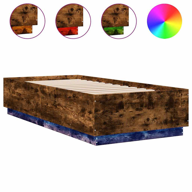 Cadru de pat cu LED, stejar fumuriu, 100x200 cm, lemn prelucrat