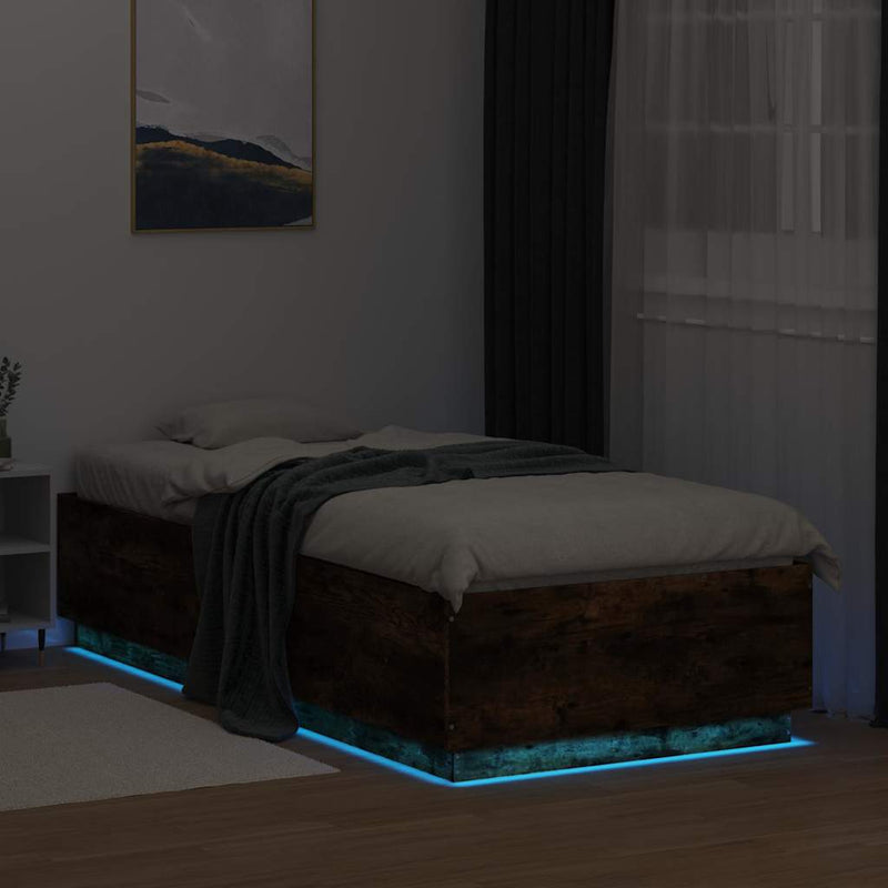 Cadru de pat cu LED, stejar fumuriu, 100x200 cm, lemn prelucrat