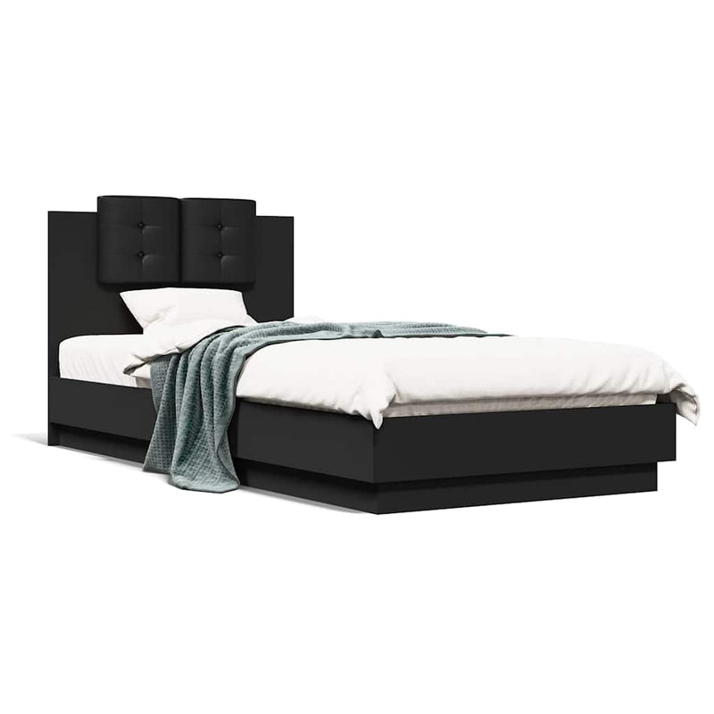 Cadru de pat cu tăblie și lumini LED, negru, 100x200 cm