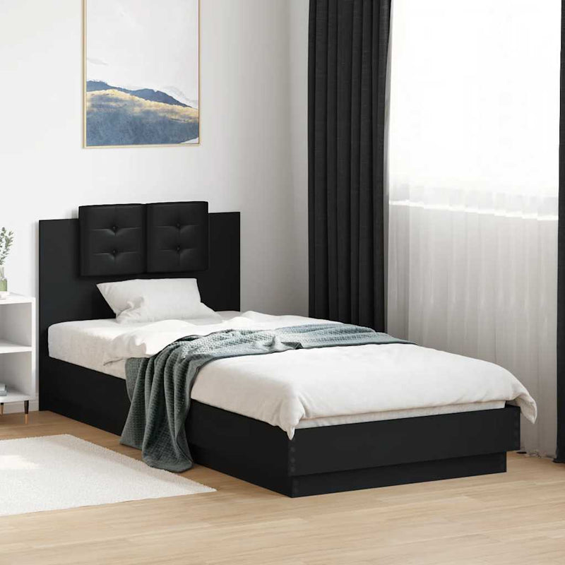 Cadru de pat cu tăblie și lumini LED, negru, 100x200 cm