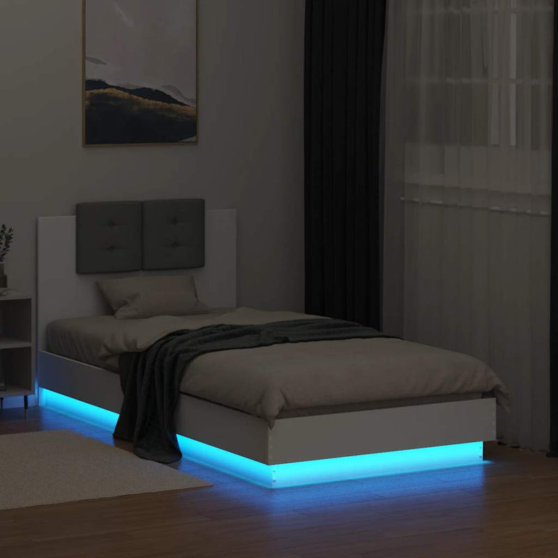 Cadru de pat cu tăblie și lumini LED, alb, 90x190 cm