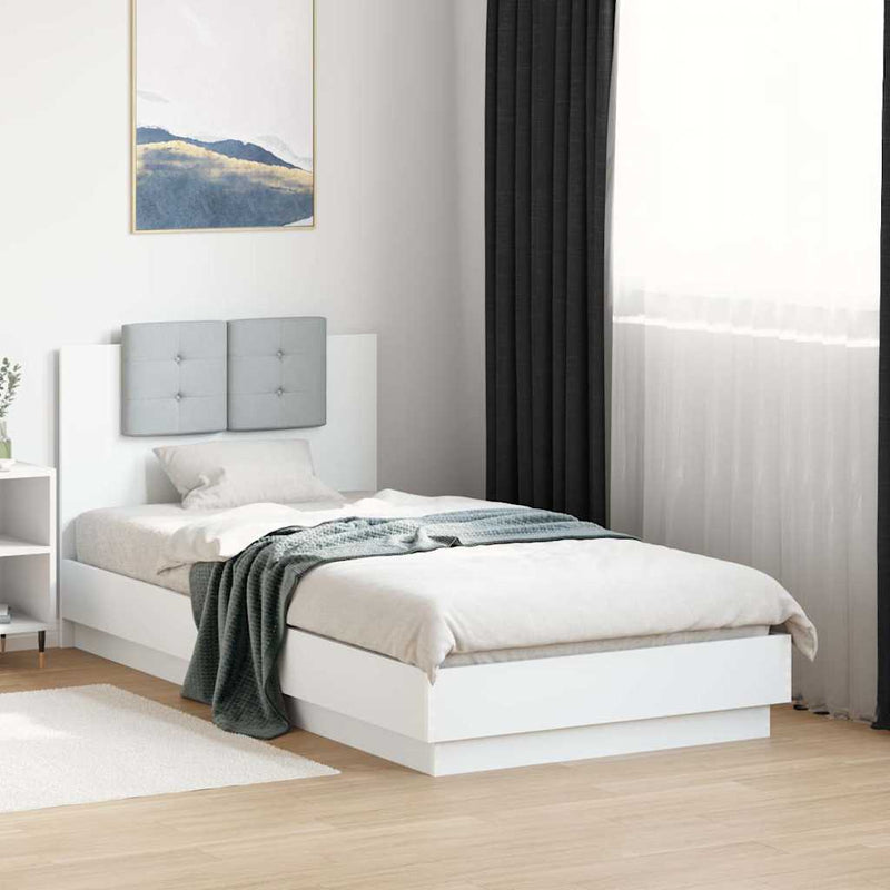 Cadru de pat cu tăblie și lumini LED, alb, 90x190 cm