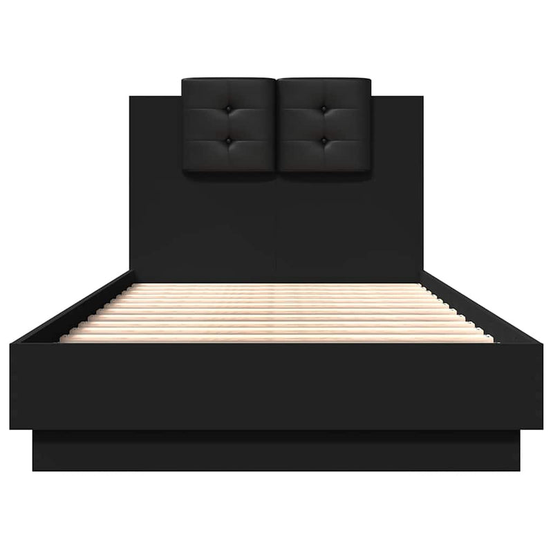 Cadru de pat cu tăblie și lumini LED, negru, 75x190 cm