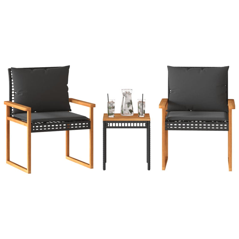 Set bistro cu perne, 3 piese, negru, poliratan și lemn acacia