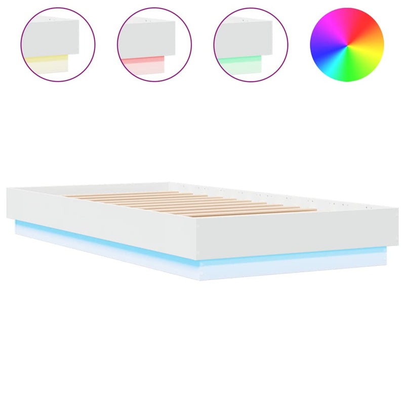 Cadru de pat cu lumini LED, alb, 75x190 cm
