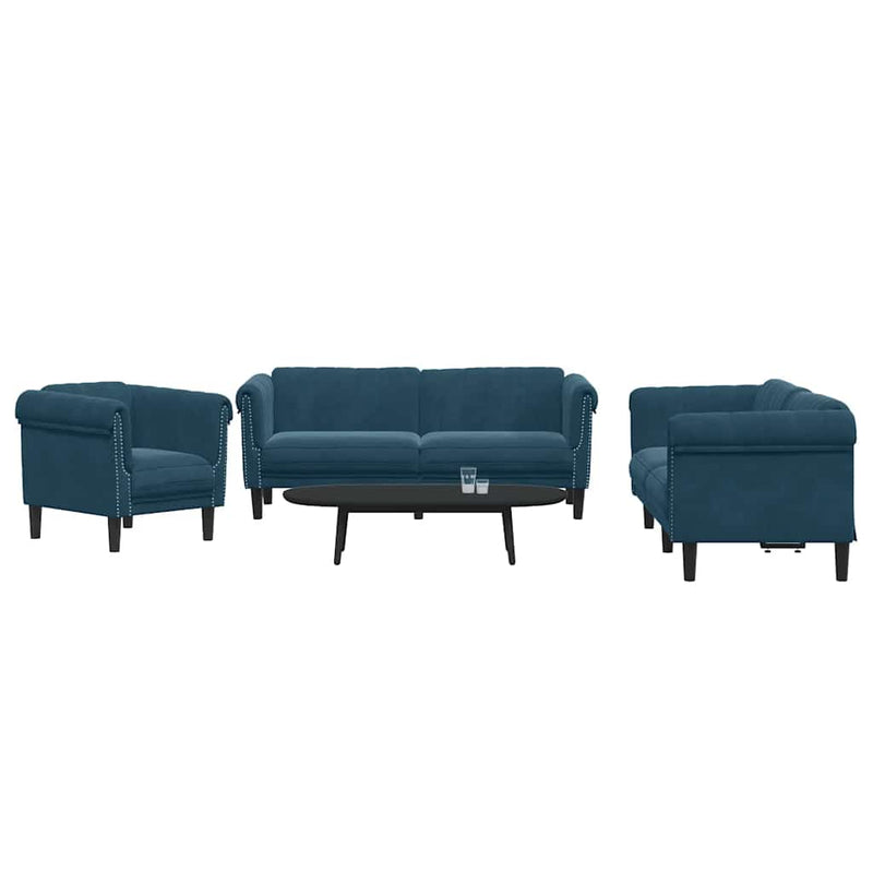 Set de canapele, 3 piese, albastru, catifea