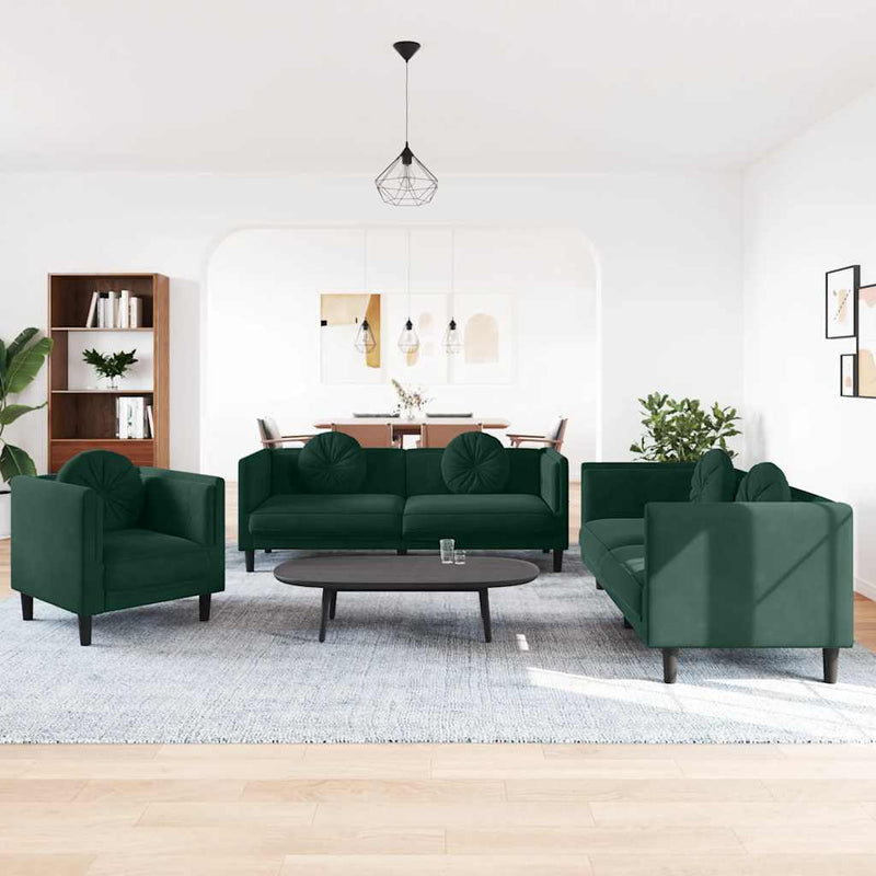 Set canapea cu perne, 3 piese, verde închis, catifea
