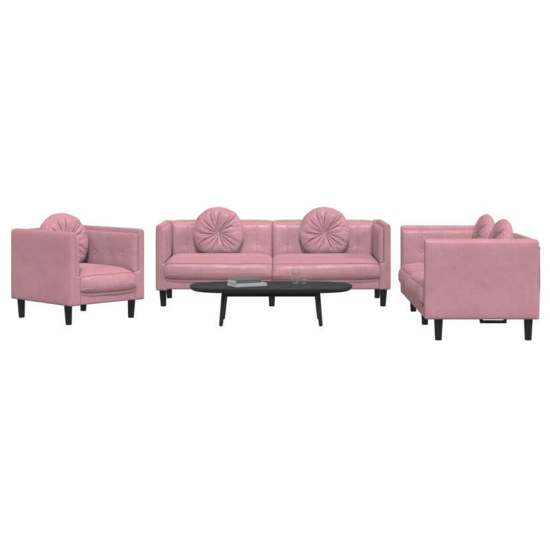 Set canapea cu perne, 3 piese, roz, catifea