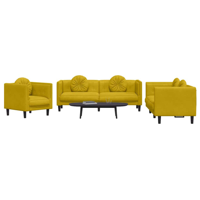 Set de canapele cu perne, 3 piese, galben, catifea