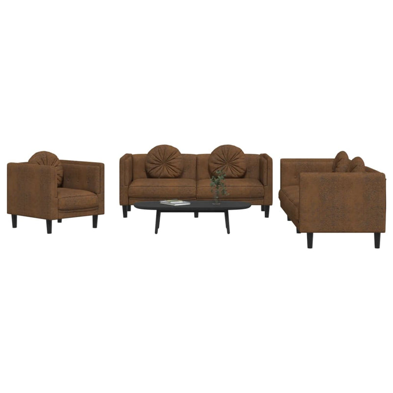 Set de canapele cu perne, 3 piese, maro, catifea