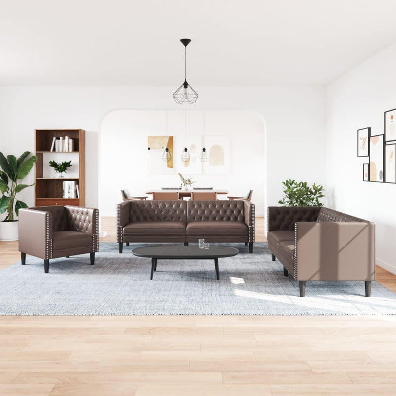 Set canapele Chesterfield cu 3 locuri, maro, piele eco.