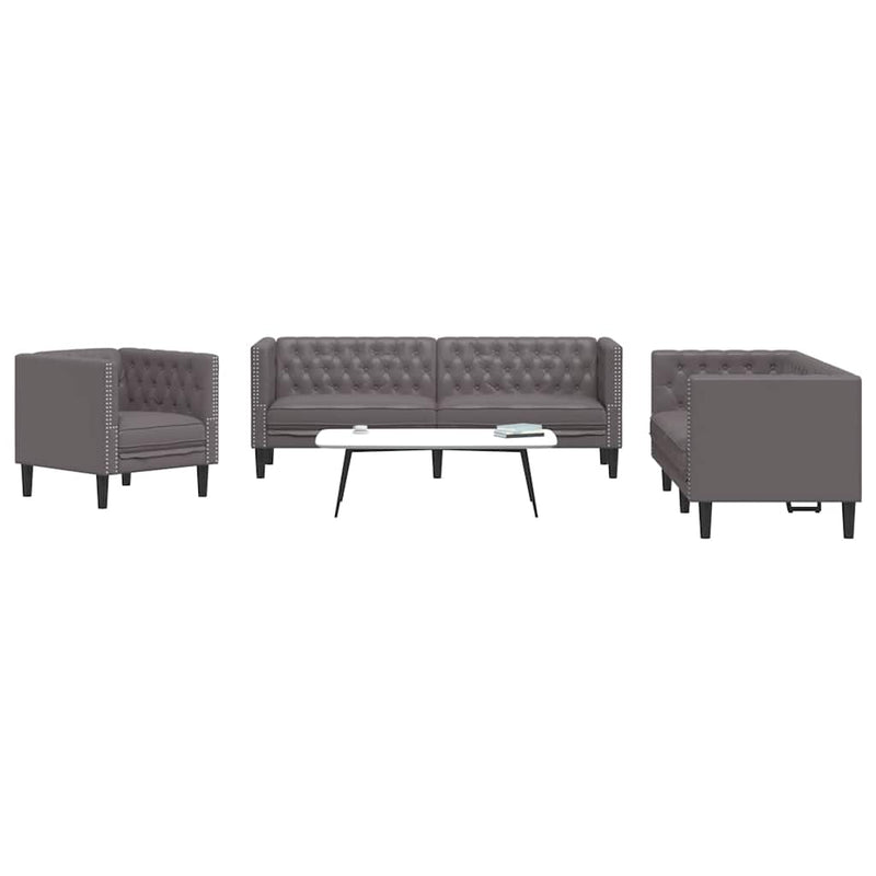 Set canapele Chesterfield cu 3 locuri, gri, piele eco.