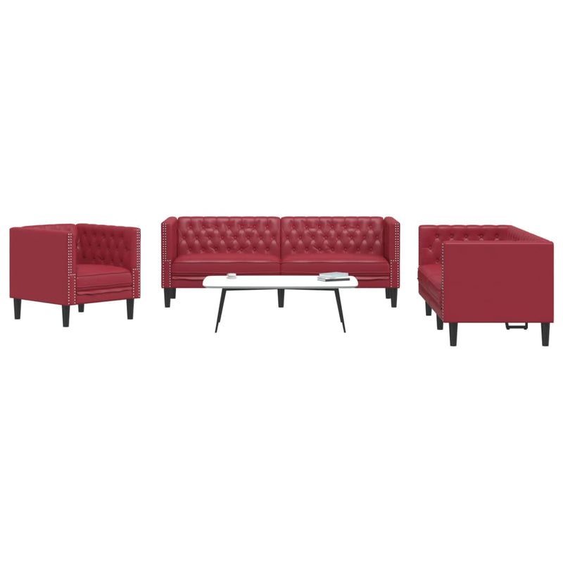 Set canapele Chesterfield cu 3 locuri roșu vin piele eco.