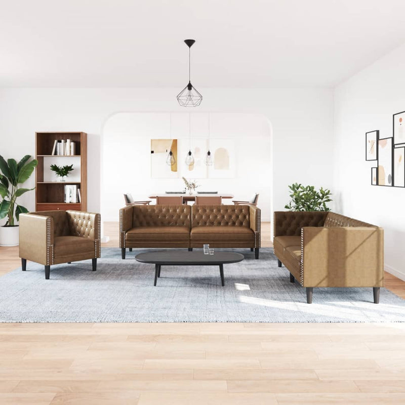 Set canapele Chesterfield cu 3 locuri, maro piele întoarsă eco.