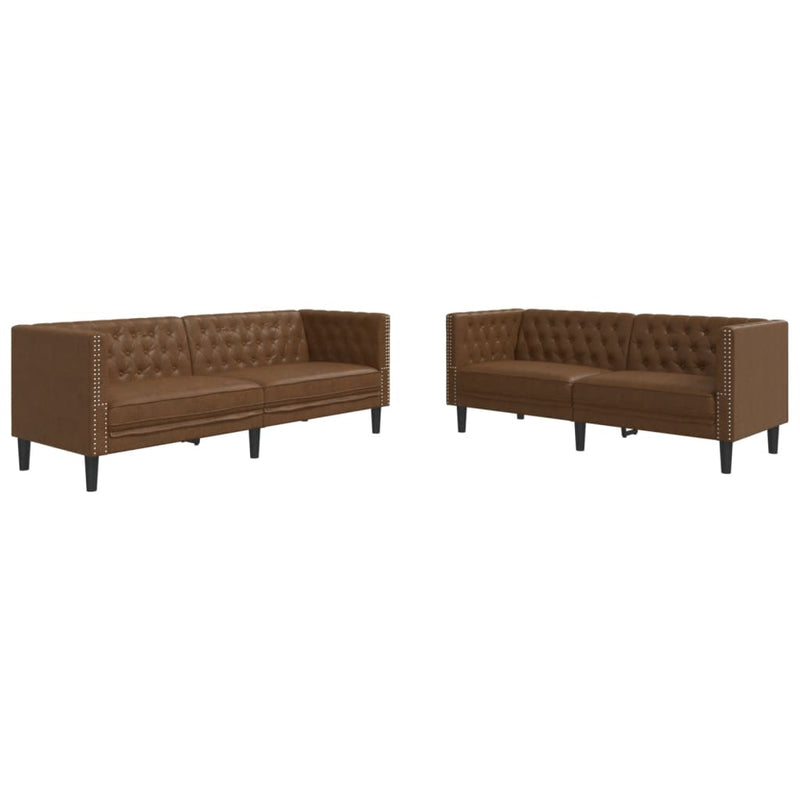 Set canapele Chesterfield cu 2 locuri, maro piele întoarsă eco.