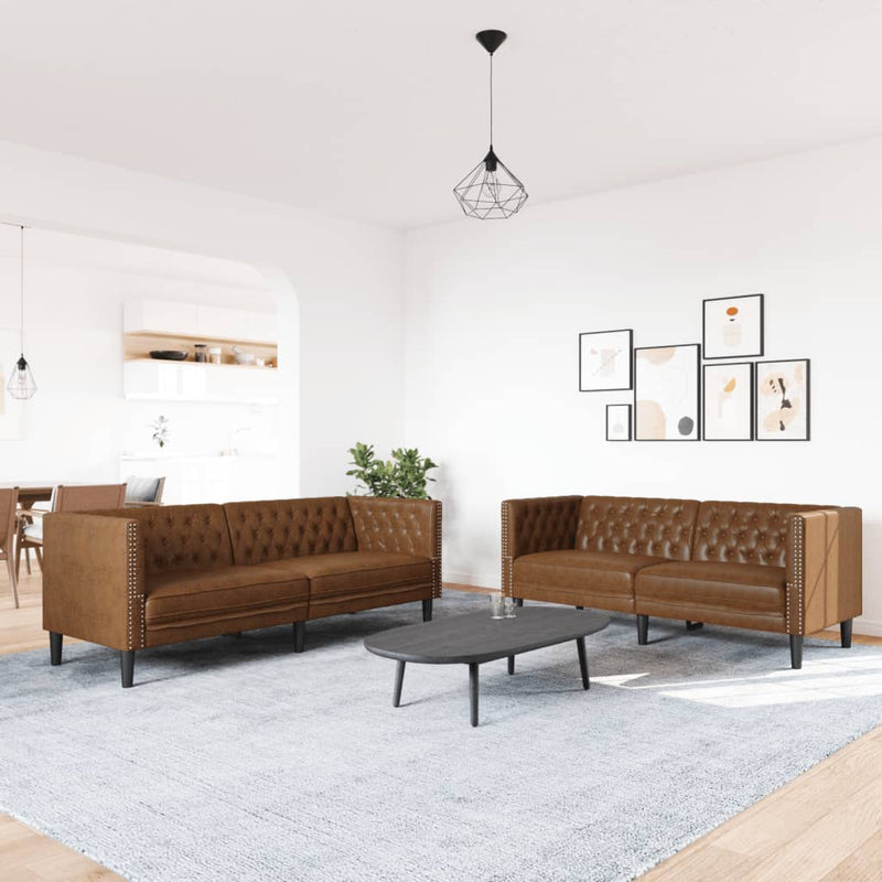 Set canapele Chesterfield cu 2 locuri, maro piele întoarsă eco.