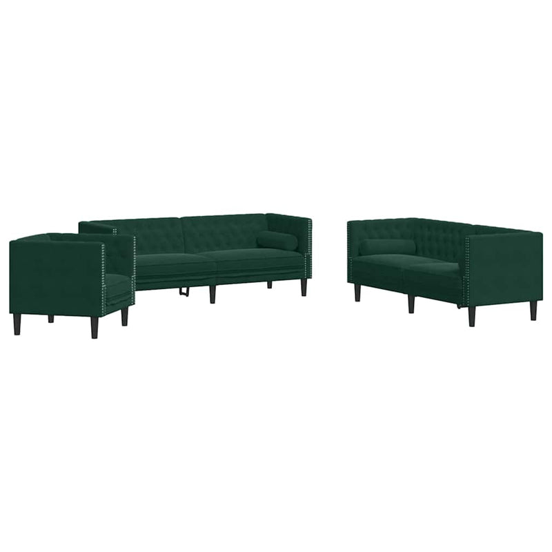 Set canapele Chesterfield cu perne rulou 3 piese verde catifea