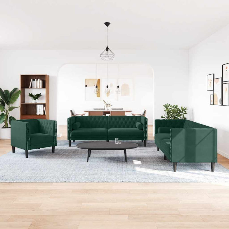 Set canapele Chesterfield cu perne rulou 3 piese verde catifea