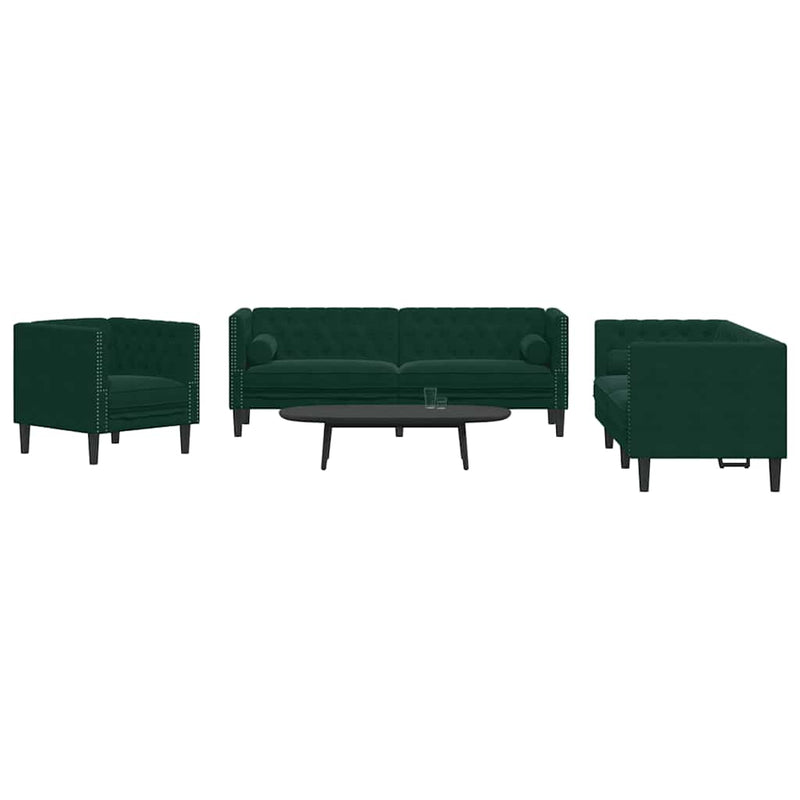 Set canapele Chesterfield cu perne rulou 3 piese verde catifea