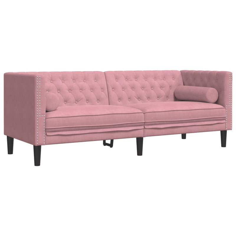 Set canapele Chesterfield cu perne rulou, 3 piese, roz, catifea