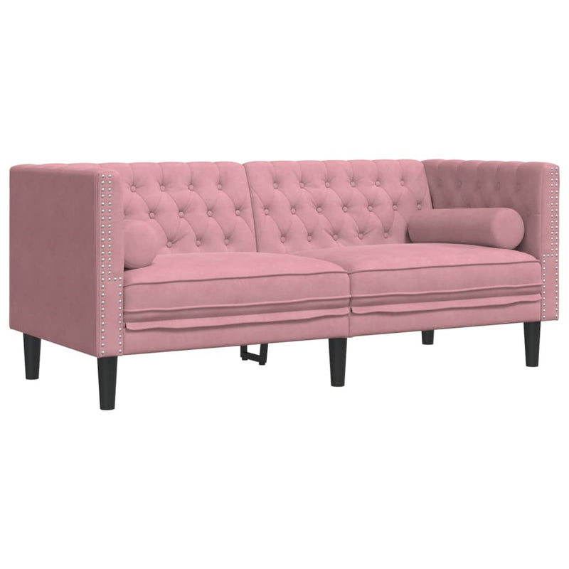 Set canapele Chesterfield cu perne rulou, 3 piese, roz, catifea