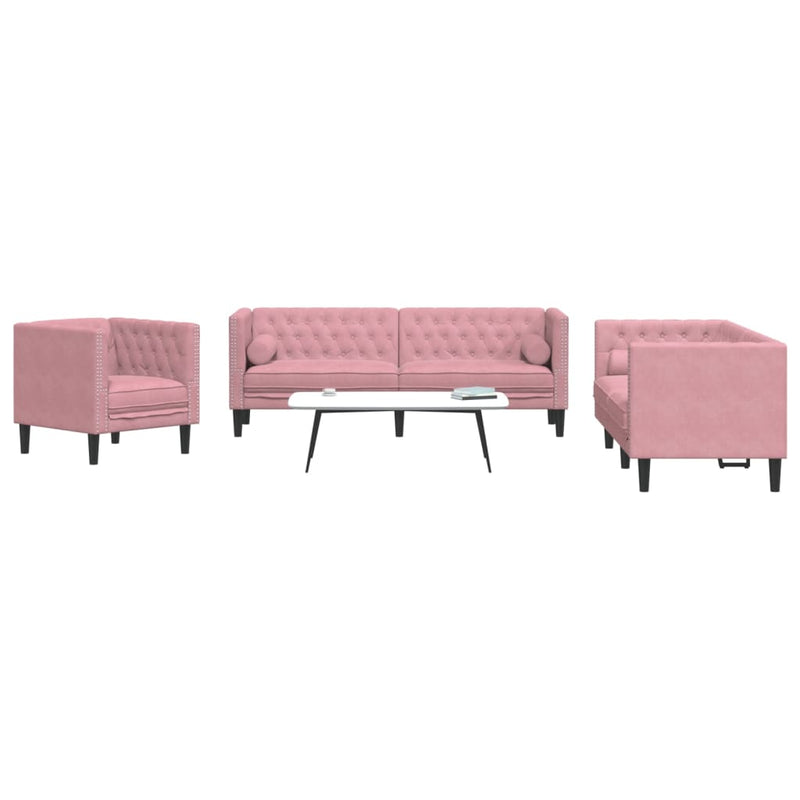 Set canapele Chesterfield cu perne rulou, 3 piese, roz, catifea
