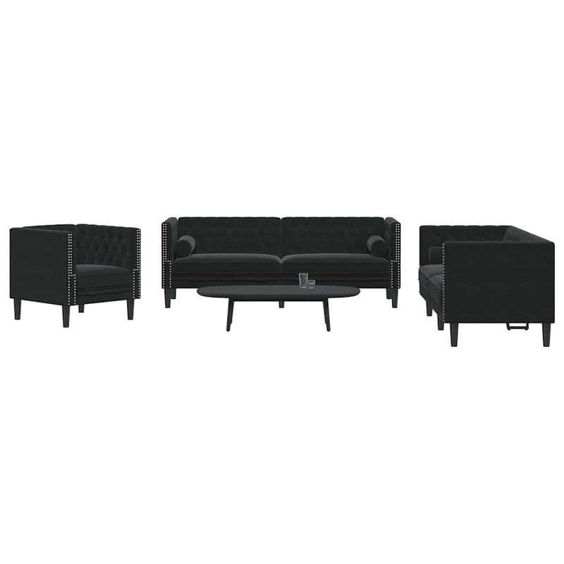 Set canapele Chesterfield cu perne rulou 3 piese negru catifea