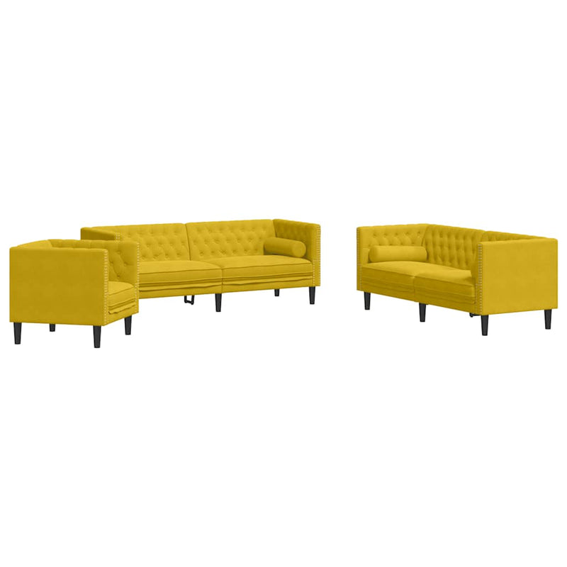 Set canapele Chesterfield cu perne rulou 3 piese galben catifea