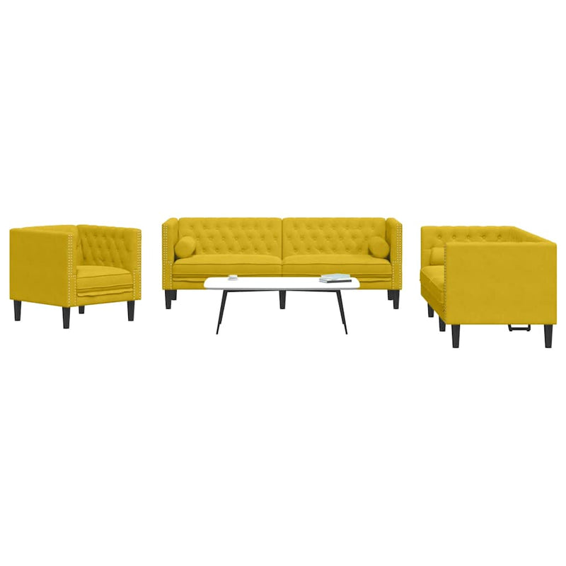 Set canapele Chesterfield cu perne rulou 3 piese galben catifea