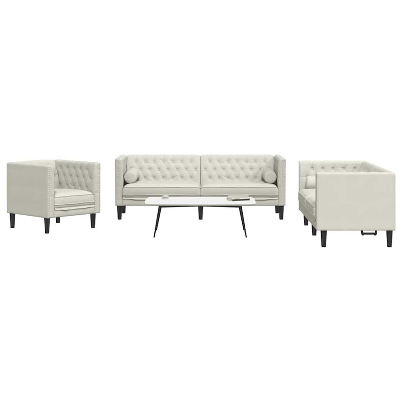 Set canapele Chesterfield cu perne rulou 3 piese, crem, catifea