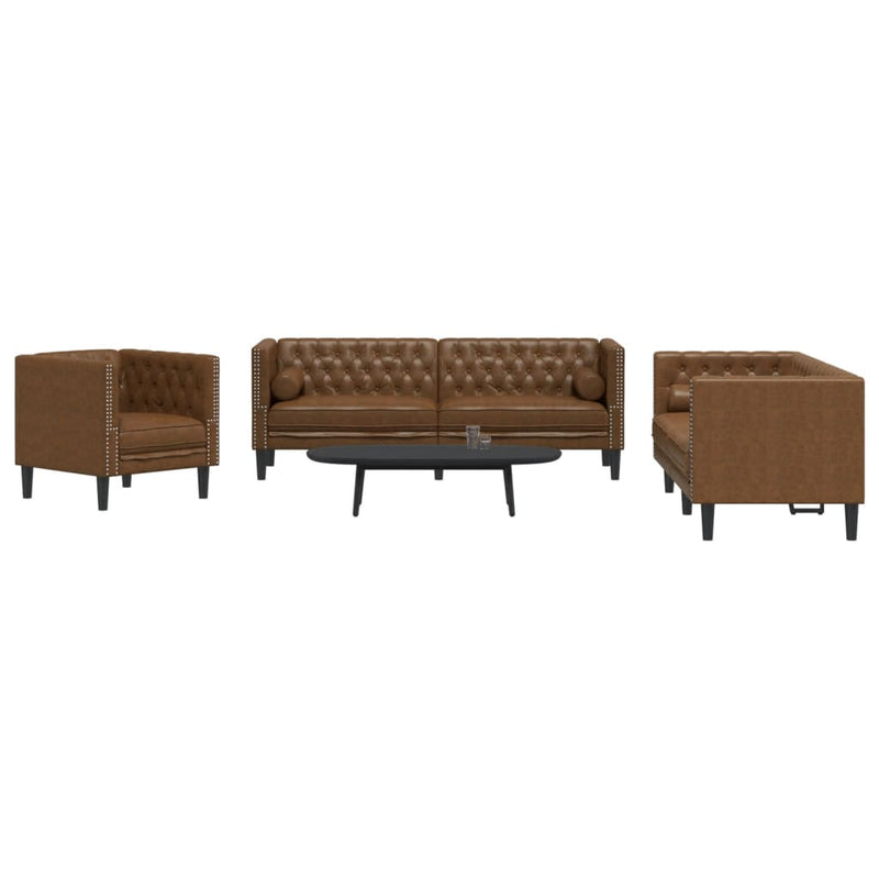 Set canapele Chesterfield perne 3 piese maro piele întoarsă eco