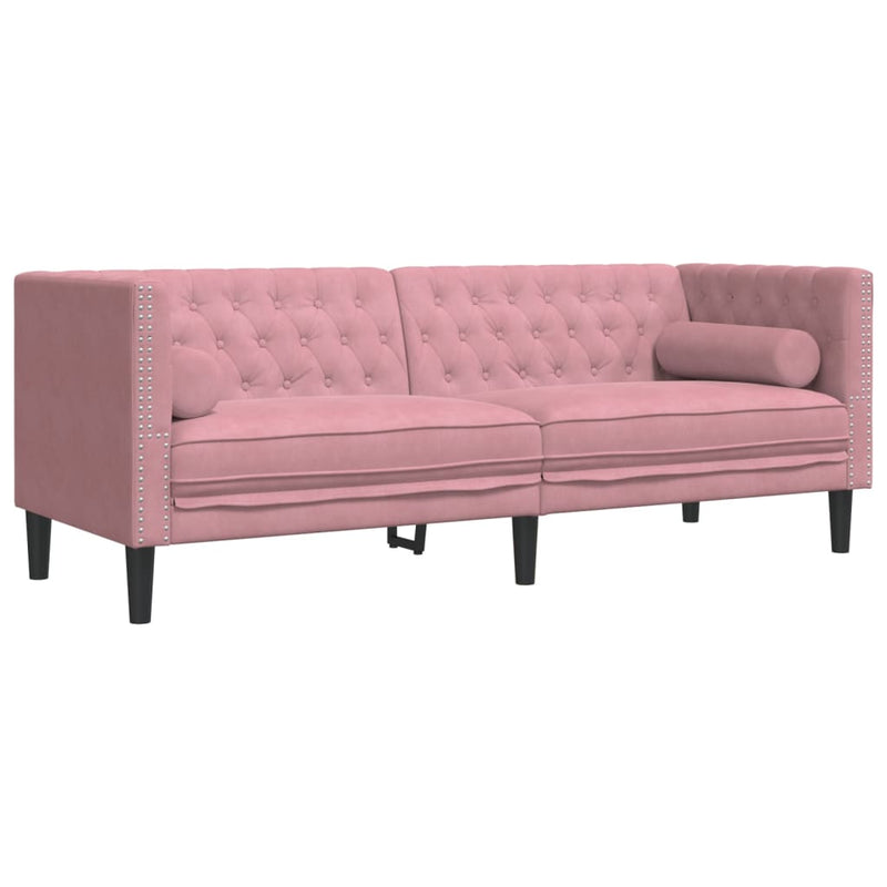 Set canapele Chesterfield cu perne rulou, 2 piese, roz, catifea