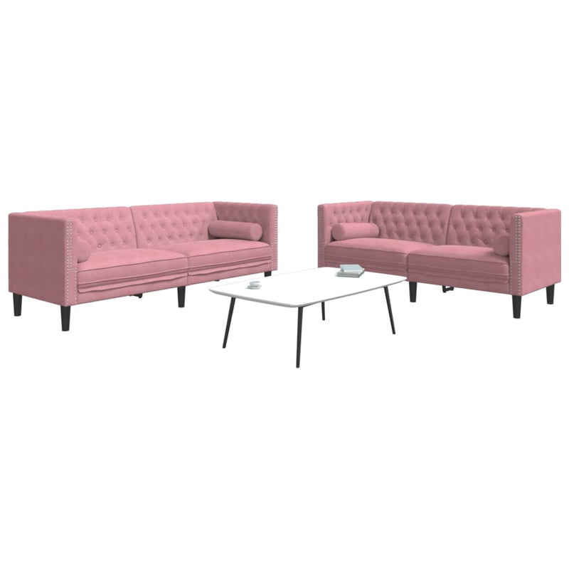 Set canapele Chesterfield cu perne rulou, 2 piese, roz, catifea