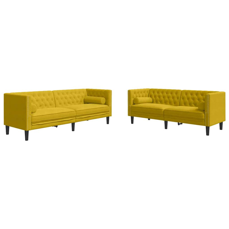 Set canapele Chesterfield cu perne rulou 2 piese galben catifea
