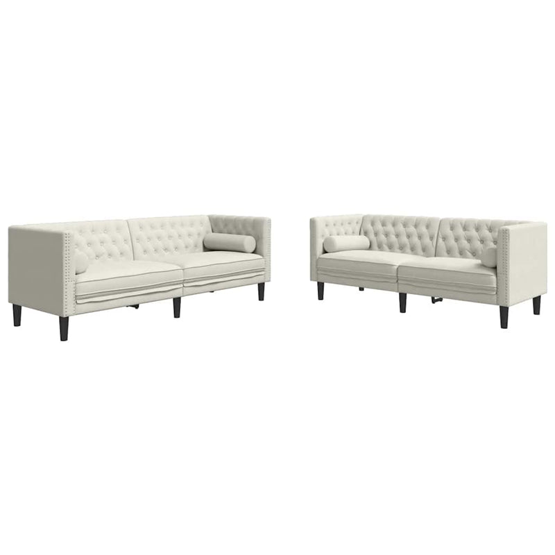 Set canapele Chesterfield cu perne rulou 2 piese, crem, catifea