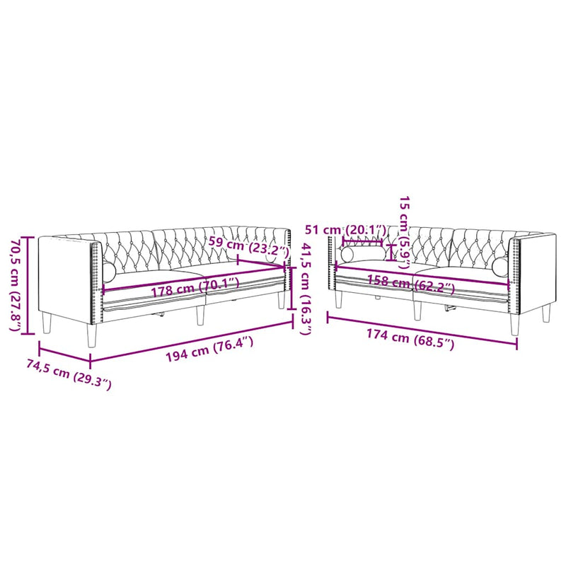 Set canapele Chesterfield cu perne rulou 2 piese, crem, catifea