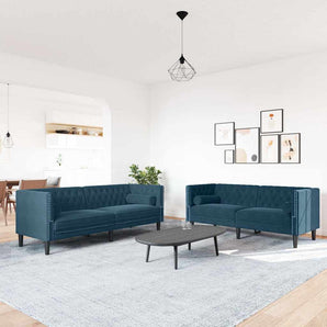 Set canapele Chesterfield perne rulou 2 piese albastru catifea