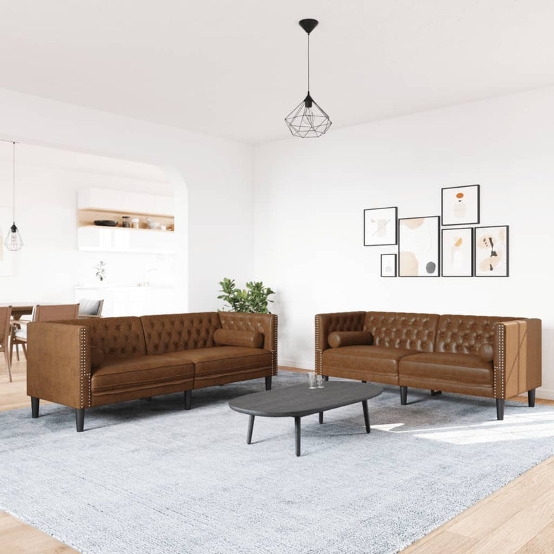 Set canapele Chesterfield perne 2 piese maro piele întoarsă eco